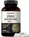 Picolinato de zinco de alta potência 100mg - 240 Cápsulas, Forma biodisponível de zinco para suporte imunológico e saúde da pele - Não-GMO e glúten