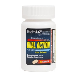 HealthA2Z® Dual Action Pain Alief □ Acetaminofeno 250mg & Ibuprofeno 125mg (NSAID) □ Dois medicamentos para dor de cabeça, febre e dor de costas alívio □ Reliever dor & Redutor de febre □ 80 Caplets