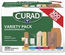 Pacote variado de bandagens CURAD, contagem de 300, 6 estilos incluindo antibacteriana, impermeável, puro, plástico, resistente & Flex-Fabric, protege sucatas, cortes e queimaduras, livre de látex