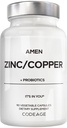 Amem Zinc & Copper Supplement + Probióticos, 3 Meses Abastecimento, Um Por Dia - 50 mg Pills Zinc Picolinate Vitamina - Suplementos Minerais Essenciais - 2 Bilhões UFC Probiótico - Vegan, Não-GMO, 90 Cápsulas