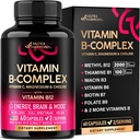 Complexo de vitamina B para homens e mulheres - Riboflavina B2, B12, B1, B3, B5, B6, B7, B8, B9 – Vitamina C, Colina, Inositol - Suplemento B-Complexo - Energia, Cérebro e Apoio ao Coração - Made in USA, 60 Caps Vegan