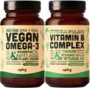 Vegan Omega 3 & Vegan Vitamina B Conjunto complexo - DHA planta-baseado & EPA ácidos gordos, vitaminas B essenciais com mistura de alimentos inteiros, B1, B2, B3, B5, B6, B7, Folato