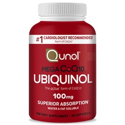 Qunol Ubiquinol CoQ10 100mg Softgels, Mega Ubiquinol 100mg - Absorção Superior - Forma ativa de coenzima Q10 para saúde do coração e níveis de pressão sanguínea saudável - 2 Mês de fornecimento - 60 Contagem
