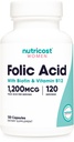 Ácido Fólico Nutricosto para Mulheres (Vitamina B9) 1200 mcg, 120 Cápsulas, com B12 e Biotina, Cápsulas Veggie, Não-GMO e Glúten Grátis
