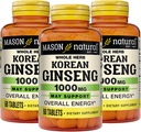 MASON NATURAL Korean Ginseng 1.000 mg, Suporta Energia, Endurance & Vitality, 60 Comprimidos, Pacote de 3