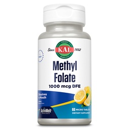 KAL Folato de metilo 1000 mcg, 5-MTHF forma ativa, suplemento de ácido fólico, saúde do coração, pré-natal, humor e suporte cerebral, vegetariana, Limão Natural ActivMelt, 60 dias de garantia, 60 Serv, 60 Micro Tablets