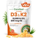 VEV Corefeel Vitamina D3 K2 10.000 UI, 200 mcg MK-7, 300 Óleo de coco Softgels, 2 em 1 Suplemento de vitaminas D & K (Incluir MK7), Fácil de engolir, Suporta Absorção de Cálcio, Saúde Óssea