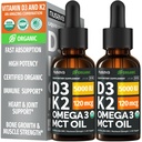 (2 Embalagem) Vitamina orgânica D3 K2 gotas com óleo MCT Omega 3, 5000 UI — líquido D3, sem enchimento, não-GMO, suporte imunológico (desfolhado, 2 Fl Oz)