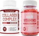 Cápsulas de Peptídeos de Multi-Colagénio Puramente Optimal Premium (Tipos I, II, III, V, X) + Vitaminas capilares Premium Suplemento-Gummy Vitaminas w/Biotina, Ácido Fólico, Vitaminas A&D