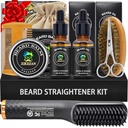 XIKEZAN Kit de barba para homens Grooming & Straightening Set,w/Beard Straightener, 2 Pack Oil, Balm, Comb, Tesoura, Escova, Presentes de aniversário dos namorados para ele pai namorado homens Natal meia Stuffers