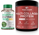 Enzimas Digestivas de Bem-Estar Saudável 1000MG Plus Suplemento de Prebióticos e Probióticos + Pó de Proteína Multi Colágeno Hidrolisado (Tipo I II III V X)
