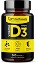 PhiNaturals Vitamina D3 1000iu Softgels Suplemento Base de Azeite 365 Gel Caps Um ano de fornecimento de VIT D, Vitamina D 3 1000 iu