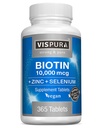 Biotin 10000 mcg + Zinco + Selênio, Puro, Vegan & Extra forte, Melhor suplemento para o crescimento do cabelo, Pele brilhante, unhas fortes*, 365 comprimidos para 12 meses, Natural sem aditivos