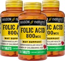 MASON NATURAL Ácido Fólico 800 mcg - Ajuda a função do sistema nervoso, Suplemento diário para a saúde, humor e pré-natal, para as mulheres em idade fértil, 100 comprimidos (Pacote de 3)