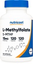 Nutricost L-Metilfolato 15mg, 120 cápsulas (5-MTHF) - Vegan, Não-GMO, Sem glúten