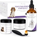 Kit inicial removedor de manchas do cão, com extrato de Hazel Bruxa, remover manchas de lágrimas, descarga e muco, inclui solução de manchas, Wipes aplicador, pó de manchas e escova, dura 30-45 dias