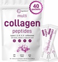 Micro Ingredientes Multi Colágeno Peptídios Pó, 40 Stick Packs □ Tipo I, II, III, V, X + Biotina, Vitamina C & Ácido Hialurônico