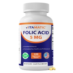 Ácido Fólico Vitamático 5mg (5000 mcg) – 120 comprimidos vegetarianos Vitamina B9 de alta potência (Folato) para saúde celular, suporte cardíaco e cuidados pré-natais