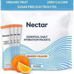 Pacotes de Hidratação Néctar - Eletrólitos em Pó - Sem Açúcar ou Calorias - Eletrólitos líquidos de fruta orgânica diariamente IV Pó para Alivio de Desidratação e Reidratação Rápida (Pacote 18 Laranja)
