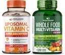 Cápsulas de vitamina C lipossomal de bem-estar saudável (200 comprimidos 1500mg tamponado) VIT de alta absorção C + Multivitamínico de alimentos inteiros para mulheres - vitaminas naturais múltiplas, minerais, extratos orgânicos