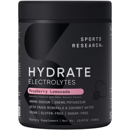 Sports Research® Hydrate Electrolytes Powder - Livre de açúcar e naturalmente saboreado com vitaminas, minerais e água de coco - Suporta hidratação - Limonada de framboesa - 90 Servings