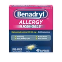 Benadryl Liqui-Gels Anti-histamínico Alergia Medicina e alívio de sintomas frios, Géis líquidos livres de corante com 25 mg de difenidramina HCl para sintomas como, Nariz Runny, espirros e mais, 48 ct