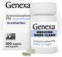 Genexa Clean Acetaminofen PM 500mg Força extra, Aliviador de dor sem tintura, Ajuda ao Sono noturno, Redutor de Febre, Aditivos Artificiais 0%, Alivia Dor de cabeça, Dor nas costas, Artrite Menor Dor, 100 Comprimidos