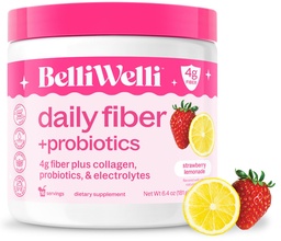 Belli Welli Fiber Supplement for Women & Men, Premium Daily Fiber Powder from Organic Acacia with Added Collagen, Electrolytes & Probióticos, No Bloat, Obstipation & Gut Health Support (Strawberry Limonada)