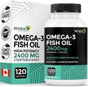 Renove Actives Omega-3 Fish Oil 2400MG por 2 Softgels - 720MG EPA & DHA - Suporta Coração, Cérebro, Saúde dos Olhos e Redução de Triglicerídeos - Sem gosto de peixe - Made in Canada - 120 Softgels