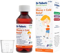 Muco do Dr. Talbot + remédio líquido de alívio frio, naturalmente inspirado, para crianças, inclui xícara de dose, sabor de suco de uva natural, 4 Fl Oz