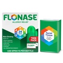 Fluonase Alergia Alívio Pulverização nasal, 24 horas de alívio multi-sintomático não-sonolento – 144 Sprays (Pacote de 2) mais pacote de bônus de tecidos