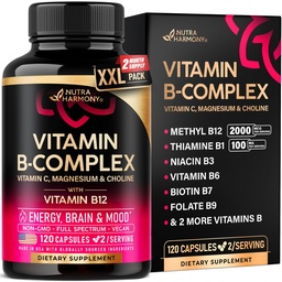 Complexo de vitamina B para homens e mulheres - Made in USA - B-Complexo: B1, B2, B3, B5, B6, B7, B8, B9, B12 com Vitamina C, Colina, Inositol - Energia, Cérebro & Heart Supplement, 120 cápsulas Vegan