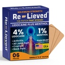 Re-lieved 4% Lidocaína Patches com mentol - Alivio de dor de força máxima para dor de costas, joelho & dor muscular - Patches medicados de ação rápida - Made in USA - 6 Count