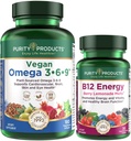 Pureza Produtos Pacote - Vegan Omega 3-6-9 (180 ct) + B-12 Energia Derreter Omega 3-6-9 (“5 em 1” Planta-base Omega 3 6 9 Ácidos Gordura Essencial) - B12 Berry Melt (Metilcobalamina B12 + B6 + D3 + Mais)
