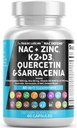 N-Acetil Cysteine Suplemento N-Acetil Vitamina D3 K2 Zinc Quercetin Sarracenia Purpurea Imune Support O Elderberry Holy Basil Bee Própolis Bromelain L-Lysine Cápsulas Suplementos para Mulheres Adultos