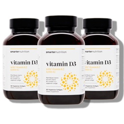 SMARTERNUTRITION Vitamina Vegan D3 5000 UI + Vitamina natural K2 1100 mcg em coco orgânico e azeite de azeitona - D3 K2 Suplemento para Imune & Suporte ósseo - 180 Softgels [90 fornecimento dia]