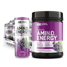 Optimum Nutrition Amino Energy Powder: Concord Grape (65 Servings) com Essential Amino Energy Plus Electrolyes Sparkling Drink: Grape (12 latas) - Pacote