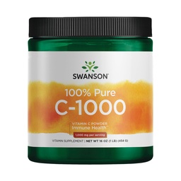 Swanson Vitamina C Pó 100% puro ácido ascórbico, suporte do sistema imunológico, saúde da pele, saúde cardiovascular, suplemento antioxidante 1000 mg (por serviço) 1 lb. 454 g