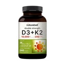 NatureBell Vitamina Dupla Força D3 + K2-240 Softgels - 10.000 UI Vitamina D & 200mcg K2 - Força Óssea, Função Imune & Suporte de Absorção de Cálcio* - Óleo de coco infundido