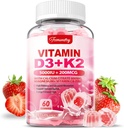 Suplemento Vitamina D3 K2 para Adultos - Vitamina D3 5000 UI + K2 200 mcg - VIT D3 K2 Gummies com cálcio 600mg Zinco de magnésio e vitamina C para Mulheres Homens - Suporta B0ne, Imune muscular