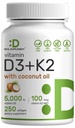 SUPPLEMENT DEAL Vitamina D3 5.000 UI + K2 MK7 100mcg Softgels Complexo 2-em-1 com óleo de coco virgem Suporta coração, osso, dentes e saúde imunitária