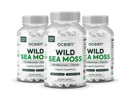 Organics Ocean Wild Sea Moss Cápsulas - 100% Organic Irish Sea Moss com chlorela orgânica, Bladderwrack e vitamina D para energia, saúde do pulmão e suporte da tireóide para mulheres e homens - 3 garrafas