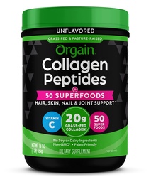 Orgain Colágeno hidrolisado em pó + 50 Superalimentos orgânicos para mulheres e homens, 20g Colágeno de grama com vitamina C, sem sabor - cabelo, pele, unhas, e suplemento de suporte conjunto, Não-GMO, Tipo I & III, 1lb