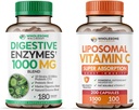 Enzimas Digestivas de Bem-Estar Saudáveis 1000MG Plus Prebióticos e Probióticos + Cápsulas de vitamina C lipossomais (200 comprimidos 1500mg tampão)
