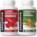 STAY ALIVE Cayenne and Ashwagandha Bundle w/Black Pepper Extract Cápsulas, 240 comprimidos Vegan, Non-GMO & Gluten Free Ashwagandha Cayenne Pepper Supplement