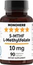 MONOHERB L-Metilfolato 5-MTHF 10 mg - 90 Cápsulas Vegetarianas - Suplemento de Folato de Metilo