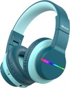 iClever BTH12 Crianças auscultadores Bluetooth, luzes LED coloridas Auscultadores para crianças sem fio,74/85dBA Volume seguro, 85H Playtime, Bluetooth 5.2,Over Auscultadores auditivos Mic embutido para iPad / Tablet / avião, verde