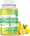Vitamina B2 Gummies para Adultos e Crianças - Riboflavina 400mg Suplemento com Glicinato de magnésio & CoQ10, Suporte alívio de enxaqueca e sistema nervoso, Boost Energia, Açúcar Free Vegan B2 Gummies limão flavor