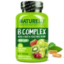 NATURELO Complexo de vitamina B com metil B12, folato de metilo, vitamina B6, Biotin Plus Choline, CoQ10, e mistura de frutas e vegetais - Suporta energia e saudável resposta de estresse - Vegan - 120 cápsulas