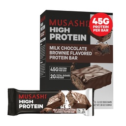 MUSASHI High Protein Bar, 45g Protein, 2g Total Sugars, Leite Chocolate Brownie, Pós-treino e proteína Snack On The Go, 12 Pack de 3,2 oz (90g) Bares